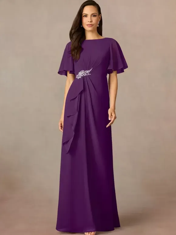 Party Dress For Mother Of The Bride Jewel Neck Short Sleeves A-Line Pleated Wedding Guest Dresses