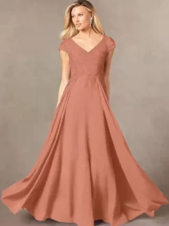 Party Dress For Mother Of The Bride V-Neck Short Sleeves A-Line Lace Floor-Length Guest Dresses For Wedding
