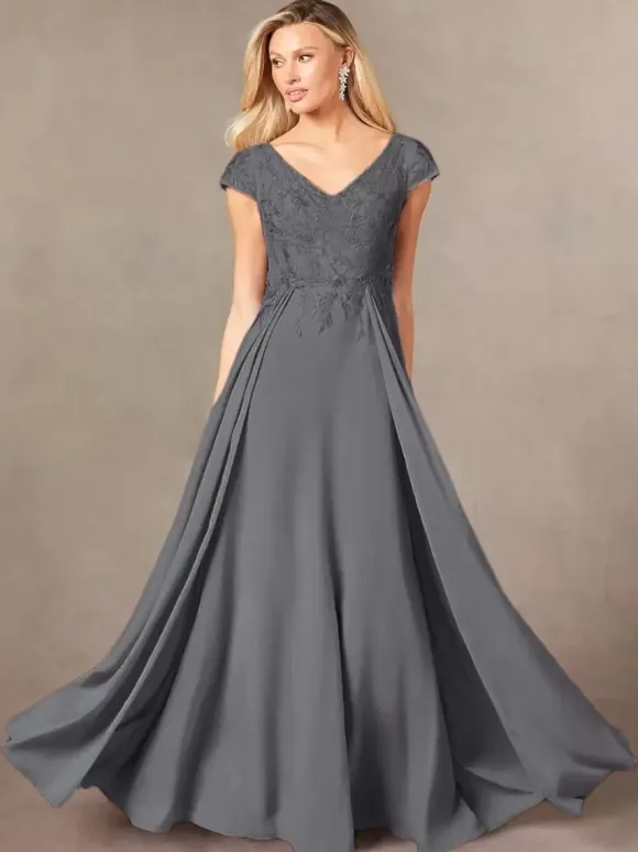Party Dress For Mother Of The Bride V-Neck Short Sleeves A-Line Lace Floor-Length Guest Dresses For Wedding