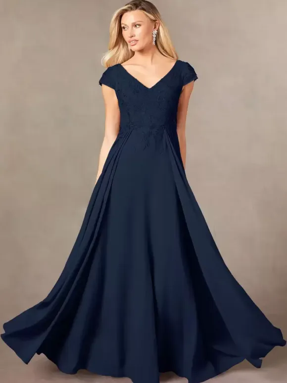 Party Dress For Mother Of The Bride V-Neck Short Sleeves A-Line Lace Floor-Length Guest Dresses For Wedding