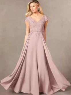 Party Dress For Mother Of The Bride V-Neck Short Sleeves A-Line Lace Floor-Length Guest Dresses For Wedding