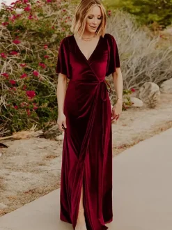 Party Dress For Mother Of The Bride V-Neck Short Sleeves A-Line Split Front Floor-Length Guest Dresses For Wedding