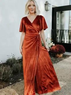 Party Dress For Mother Of The Bride V-Neck Short Sleeves A-Line Split Front Floor-Length Guest Dresses For Wedding