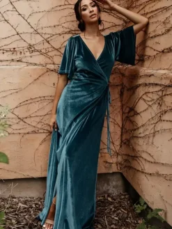 Party Dress For Mother Of The Bride V-Neck Short Sleeves A-Line Split Front Floor-Length Guest Dresses For Wedding