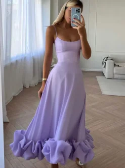 Party Dress Lilac Spaghetti Strap Backless Cupcake Edge Prom Midi Dresses