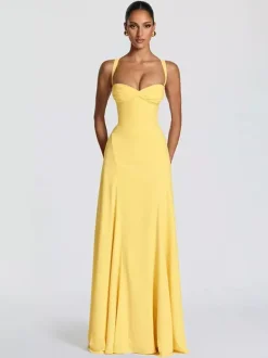 Party Dress Maxi Beige Halter Pleated Sleeveless Backless Chic Semi Formal Dress