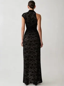 Party Dress Maxi Black High Collar Lace Sleeveless Sexy Bodycon Semi Formal Dress