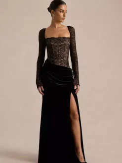 Party Dress Maxi Black Square Neck Long Sleeves Two-Tone Sexy Semi Formal Dress