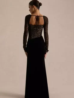 Party Dress Maxi Black Square Neck Long Sleeves Two-Tone Sexy Semi Formal Dress