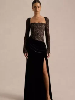 Party Dress Maxi Black Square Neck Long Sleeves Two-Tone Sexy Semi Formal Dress