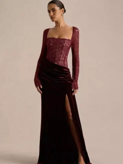 Party Dress Maxi Black Square Neck Long Sleeves Two-Tone Sexy Semi Formal Dress