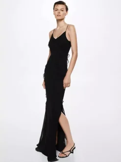 Party Dress Maxi Black Straps Neck Ruffles Sleeveless Backless Elegant Semi Formal Dress