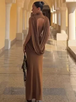 Party Dress Maxi Bronze High Collar Sleeveless Slim Fit Bodycon Sexy Semi Formal Dress