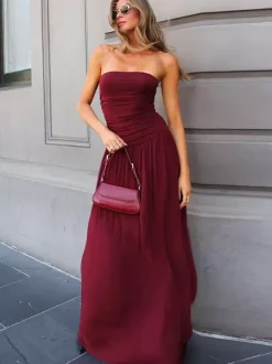 Party Dress Maxi Brown Strapless Pleated Sleeveless Clothes Sexy Semi Formal Dress