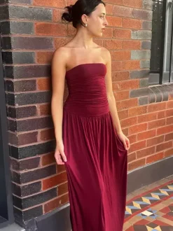 Party Dress Maxi Brown Strapless Pleated Sleeveless Clothes Sexy Semi Formal Dress