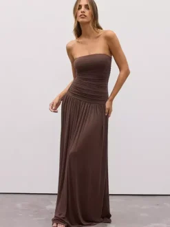 Party Dress Maxi Brown Strapless Pleated Sleeveless Clothes Sexy Semi Formal Dress