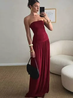 Party Dress Maxi Brown Strapless Pleated Sleeveless Clothes Sexy Semi Formal Dress