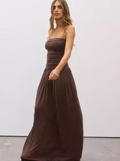Party Dress Maxi Brown Strapless Pleated Sleeveless Clothes Sexy Semi Formal Dress