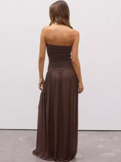 Party Dress Maxi Brown Strapless Pleated Sleeveless Clothes Sexy Semi Formal Dress