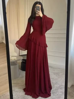 Party Dress Maxi Burgundy Jewel Neck Lace Up Long Sleeves Flared Sleeves Sexy Dress