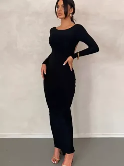 Party Dress Maxi Burgundy Long Sleeves Sexy Semi Formal Dress