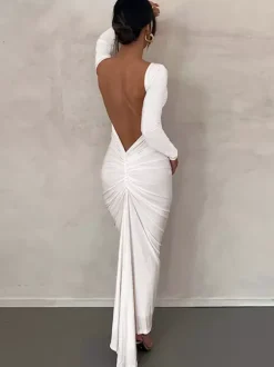 Party Dress Maxi Burgundy Long Sleeves Sexy Semi Formal Dress