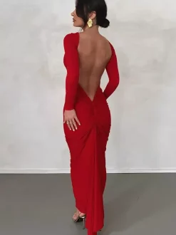 Party Dress Maxi Burgundy Long Sleeves Sexy Semi Formal Dress