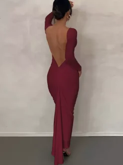 Party Dress Maxi Burgundy Long Sleeves Sexy Semi Formal Dress
