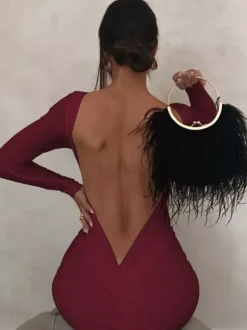 Party Dress Maxi Burgundy Long Sleeves Sexy Semi Formal Dress