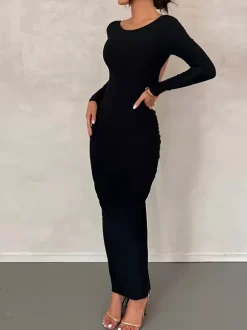 Party Dress Maxi Burgundy Long Sleeves Sexy Semi Formal Dress