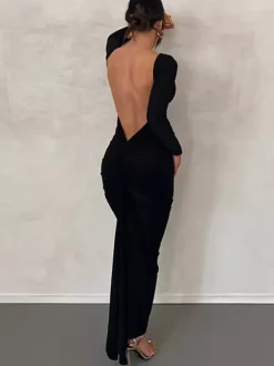 Party Dress Maxi Burgundy Long Sleeves Sexy Semi Formal Dress