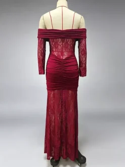 Party Dress Maxi Burgundy Off-The-Shoulder Lace Long Sleeves Sexy Semi Formal Dress
