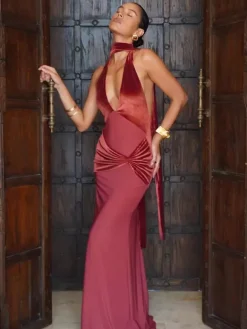 Party Dress Maxi Burgundy V-Neck Sleeveless Sexy Semi Formal Dress