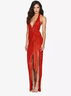 Party Dress Maxi Champagne Halter V-Neck Lace High Slit Sleeveless Sexy Semi Formal Dress