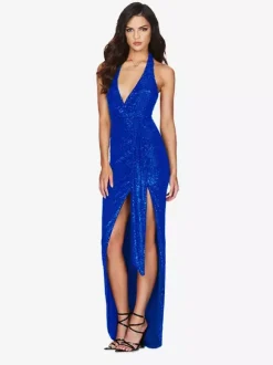 Party Dress Maxi Champagne Halter V-Neck Lace High Slit Sleeveless Sexy Semi Formal Dress