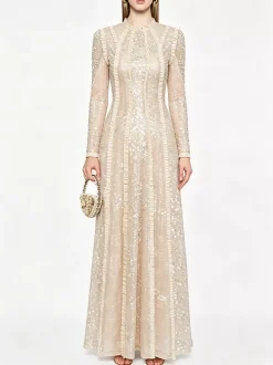 Party Dress Maxi Champagne Stand Collar Sequins Long Sleeves Elegant Semi Formal Dress