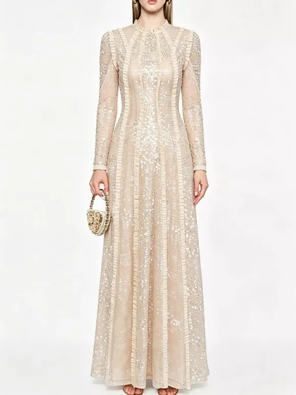 Party Dress Maxi Champagne Stand Collar Sequins Long Sleeves Elegant Semi Formal Dress