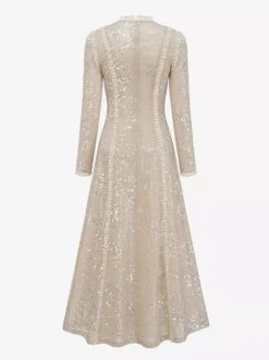 Party Dress Maxi Champagne Stand Collar Sequins Long Sleeves Elegant Semi Formal Dress