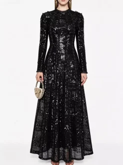 Party Dress Maxi Champagne Stand Collar Sequins Long Sleeves Elegant Semi Formal Dress