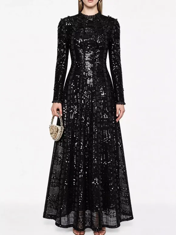 Party Dress Maxi Champagne Stand Collar Sequins Long Sleeves Elegant Semi Formal Dress