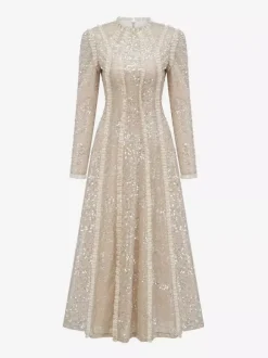 Party Dress Maxi Champagne Stand Collar Sequins Long Sleeves Elegant Semi Formal Dress
