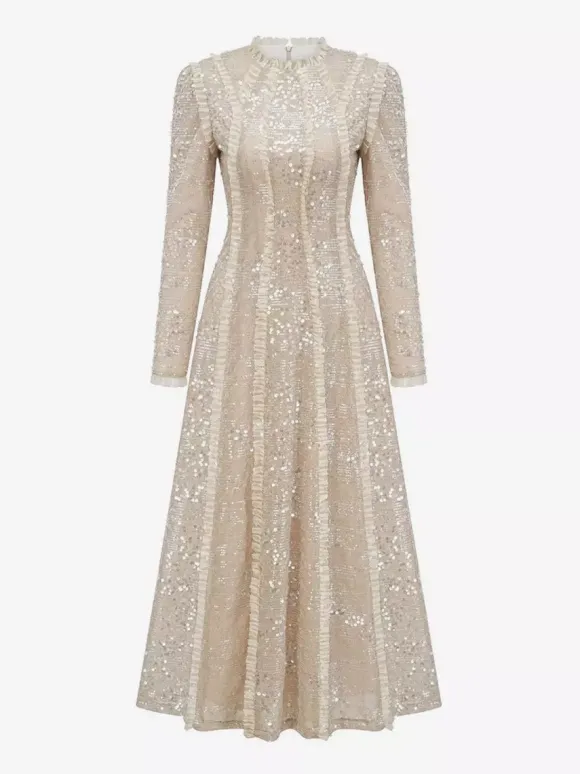 Party Dress Maxi Champagne Stand Collar Sequins Long Sleeves Elegant Semi Formal Dress