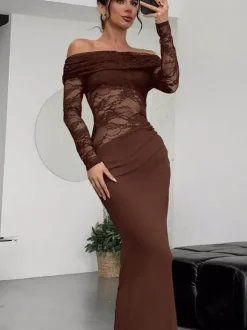 Party Dress Maxi Coffee Brown Off-The-Shoulder Lace Long Sleeves Shaping Elegant Semi Formal Dress