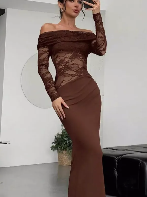 Party Dress Maxi Coffee Brown Off-The-Shoulder Lace Long Sleeves Shaping Elegant Semi Formal Dress