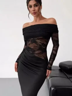 Party Dress Maxi Coffee Brown Off-The-Shoulder Lace Long Sleeves Shaping Elegant Semi Formal Dress