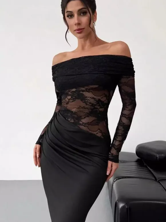 Party Dress Maxi Coffee Brown Off-The-Shoulder Lace Long Sleeves Shaping Elegant Semi Formal Dress