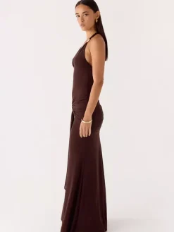 Party Dress Maxi Coffee Brown V-Neck Sleeveless Sexy Semi Formal Dress