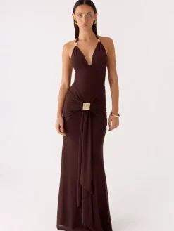 Party Dress Maxi Coffee Brown V-Neck Sleeveless Sexy Semi Formal Dress