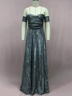 Party Dress Maxi Dazzling Blue V-Neck Sequins Sleeveless Open Shoulder Chic Semi Formal Dress
