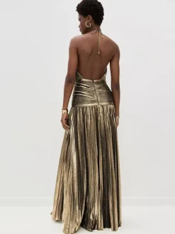 Party Dress Maxi Gold Sleeveless Backless Elegant Semi Formal Gown